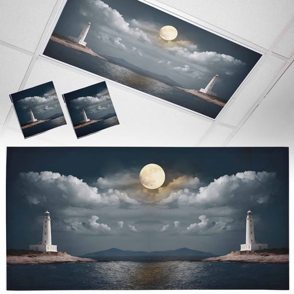 Summer Ocean Fluorescent Light Covers White Lighthouse Bright Moon Coastal Landscape Magnetic Light Filters Ceiling Lighting Panel Shade for Classroom Office Home 2 x 4 ft, 2 Pack