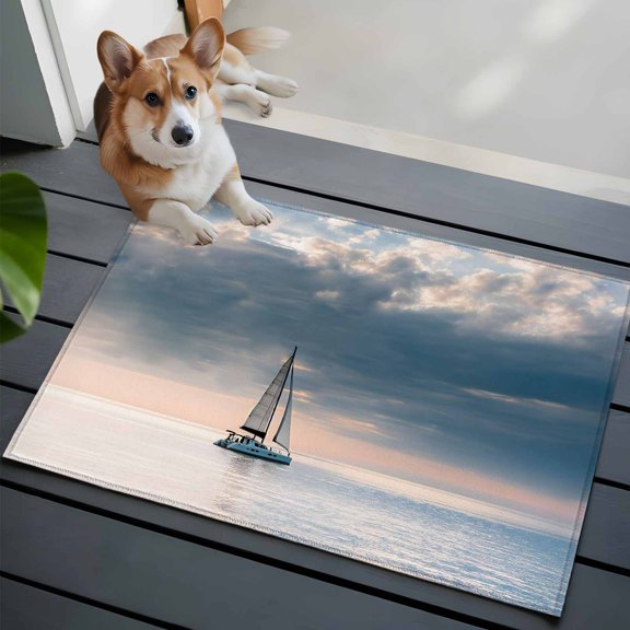 Summer Ocean Front Door Rugs 2x3 ft Blue Sea Sky Dark Cloud Nautical Sailboat Seascape Small Rug for Entryway Non Slip Washable Bathroom Door Mat Absorbent Floor Mat for Indoor Entrance