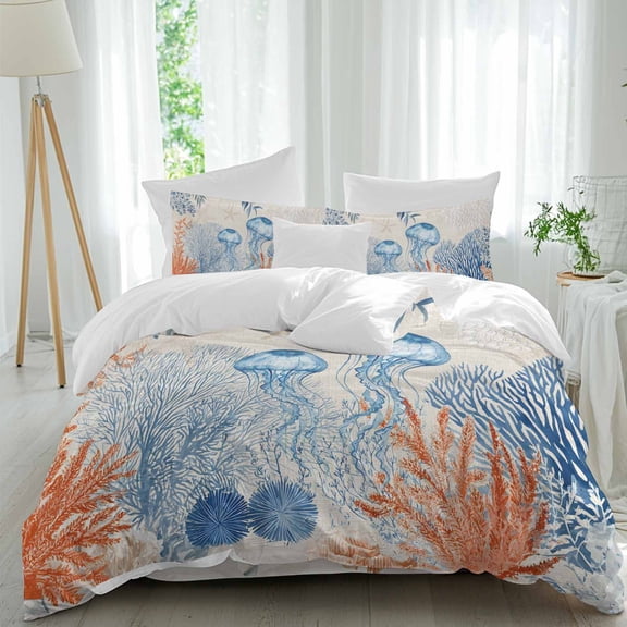 Summer Ocean Full Size Comforter Set, Coastal Jellyfish Orange Corals Shells Retro Linen Bedding for All Seasons, 4 Pcs Bed Set, 1Quiltcover (86"x86") ,1Sheet(80"x116"), 2Pillowcases (30"x20")