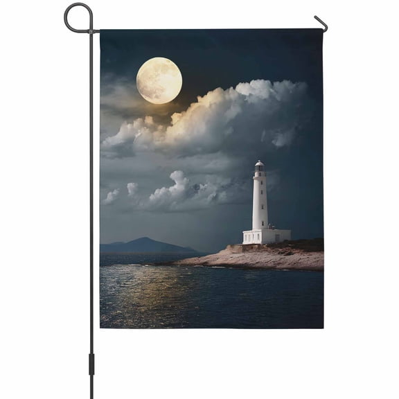 Summer Ocean Garden Flag 12 x 18 Inches, White Lighthouse Bright Moon Coastal Landscape Weather Proof Outdoor Patio Flags Double Sided Small Garden Decoration for Yard Outside Home