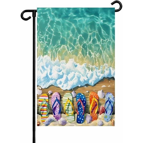 Summer Ocean Garden Flag 12x 18 Double Side, Coastal Beach Shells Flip Flops Waves Turquoise Garden Flags Outside House Flag Banner Welcome Yard Flag for Holiday Party Outdoor Decorations All Seasons