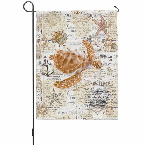 Summer Ocean Garden Flags For Outdoor, Turtle Seashell Starfish Vintage Sailing Boat Small Double Side Yard Flags Weather Proof Garden Decor for Lawn Outside Holiday 12 x 18 Inches