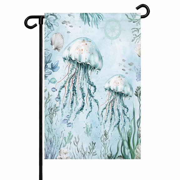 Summer Ocean Garden Flags for Outside Coastal Jellyfish Coral Double Sided Yard Flags Outdoor House Decoration, Small 12X18 Inch, Turquoise