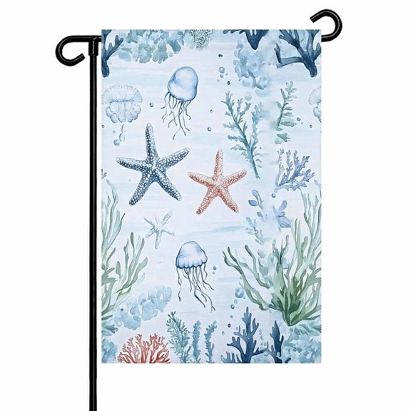 Summer Ocean Garden Flags for Outside Coastal Starfish Coral Jellyfish Double Sided Yard Flags Outdoor House Decoration, Small 12X18 Inch, Aqua Blue