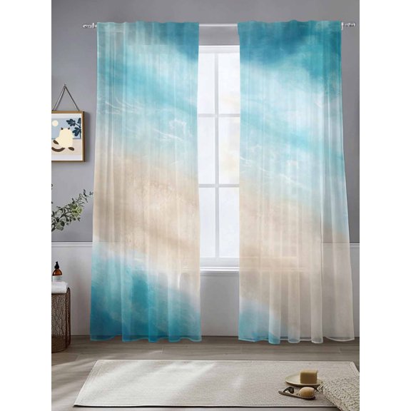 Summer Ocean Gradient Weaves Chiffon Sheer Curtains 84 Inches Long Watercolor Beach Seamless Rod Pocket Window Curtains Voile Drapes Curtains for Living Room Bedroom,2 Panels
