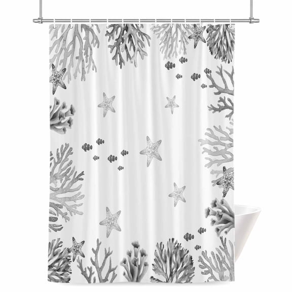 Summer Ocean Grey Coral Shower Curtain, 72" x 72", Nautical Sea Watercolor Fish Starfish Waterproof Bathroom Curtain Washable Shower Curtain Set with 12 Hooks
