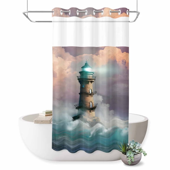 Summer Ocean No Hook Shower Curtain Brown Bright Lighthouse Sea Wave White Spray Seascape Shower Curtain with See Through Top Window, Waterproof Fabric Curtain for Bathroom Hotel Decor, 36Wx72L