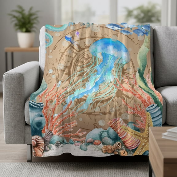 Summer Ocean Jellyfish Fleece Throw Blanket Nautical Colorful Sea Fish Coral Starfish Bubble Ultra Soft Fuzzy Cozy Flannel Throw Blanket for Couch Sofa Bed Car Travel, Ideal Gifts 30x40 Inches