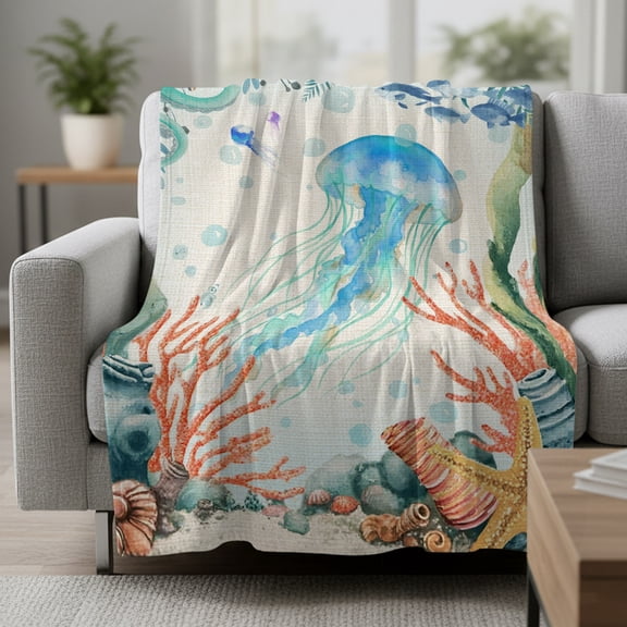 Summer Ocean Jellyfish Fleece Throw Blanket Nautical Colorful Sea Fish Coral Starfish Linen Ultra Soft Fuzzy Cozy Flannel Throw Blanket for Couch Sofa Bed Car Travel, Ideal Gifts 30x40 Inches