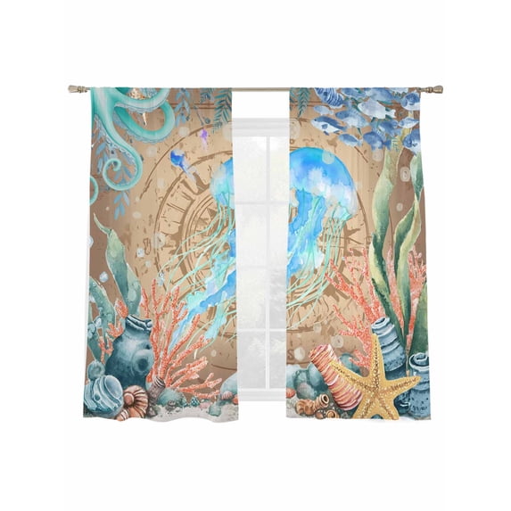 Summer Ocean Jellyfish Sheer Curtains 2 Panels Set Nautical Colorful Sea Fish Coral Starfish Bubble Sheer Window Curtains Light Filtering Rod Pocket Voile Drapes for Bedroom Living Room 52"X72"