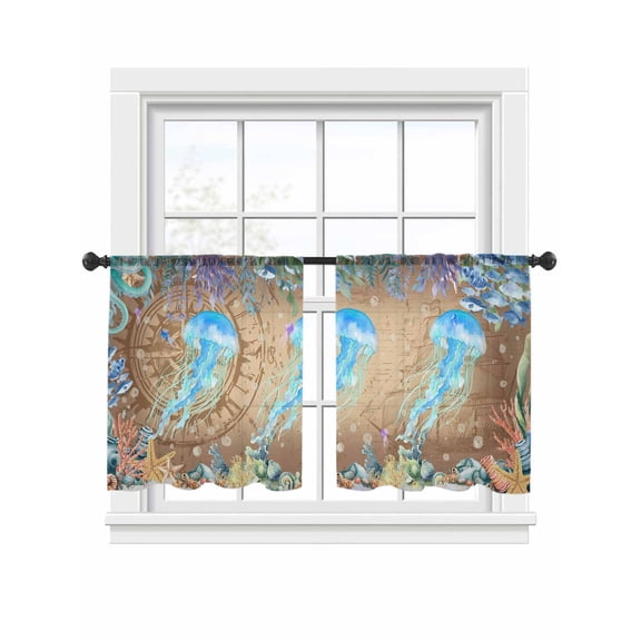 Summer Ocean Jellyfish Sheer Curtains 45 Inch Long 2 Panels, Nautical Colorful Sea Fish Coral Starfish Bubble Light Filtering Rod Pocket Curtains, Sheer Voile Drapes for Living Room Bedroom, 52"x45"