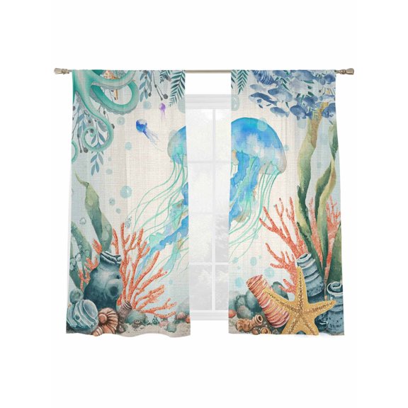 Summer Ocean Jellyfish Sheer Curtains 72 Inch Long 2 Panels, Nautical Colorful Sea Fish Coral Starfish Linen Light Filtering Rod Pocket Curtains, Sheer Voile Drapes for Living Room Bedroom, 52"x72"