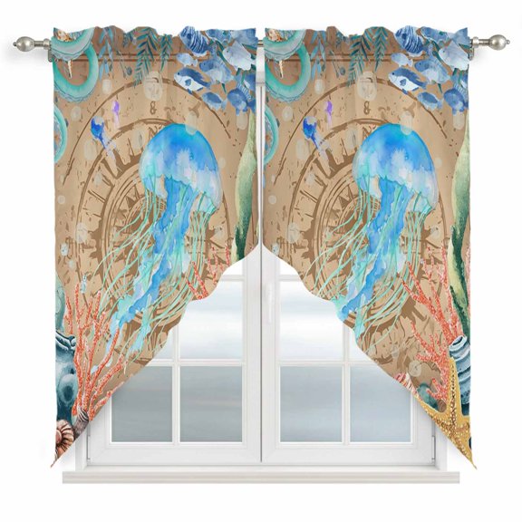 Summer Ocean Jellyfish Swag Curtain Valance for Window 2 Panels Nautical Colorful Sea Fish Coral Starfish Bubble Rod Pocket Small Window Swag Valances for Kitchen Bedroom Bathroom 28" W x 36" L
