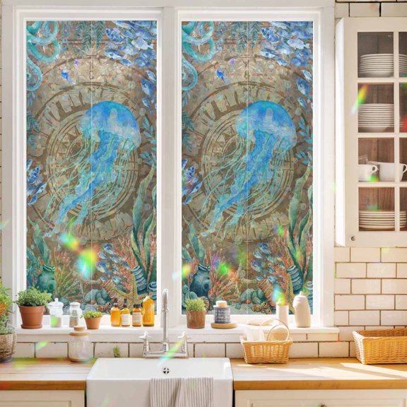 Summer Ocean Jellyfish Window Privacy Film Nautical Colorful Sea Fish Coral Starfish Bubble Static Cling Stained Glass Window Film Non-Adhesive Decorative Decals Rainbow Sticker 17.7"X39.3"