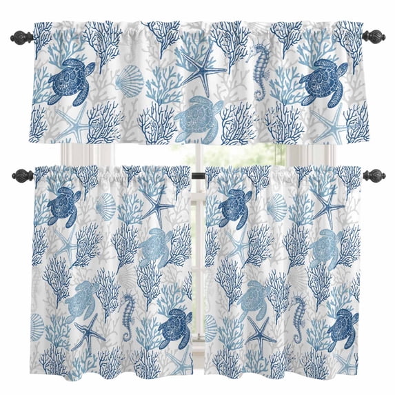 Summer Ocean Kitchen Curtains Valances and Tiers Set of 3 Blue Coral and Sea Turtle Tier Curtains and Valance with Rod Pocket for Small Windows, 27.5"x36"