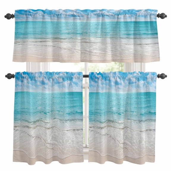 Summer Ocean Kitchen Curtains Valances and Tiers Set of 3 Modern Blue Beach Waves Blue Sky Tier Curtains and Valance with Rod Pocket for Small Windows, 27.5"x24"