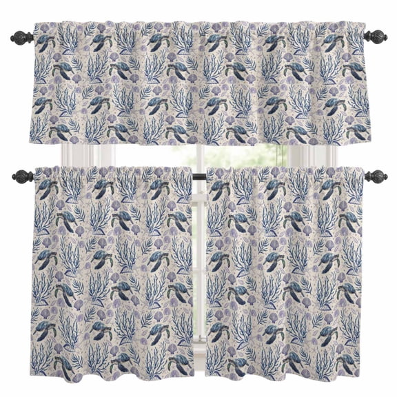 Summer Ocean Kitchen Curtains Valances and Tiers Set of 3 Turtle Starfish Coral Shell Linen Background Tier Curtains and Valance with Rod Pocket for Small Windows, 27.5"x36"