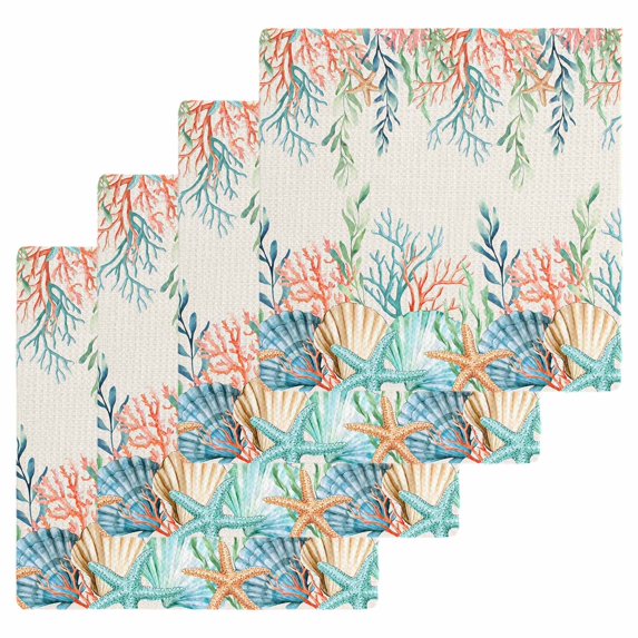 Summer Ocean Kitchen Dish Towels for Drying Dishes Set of 4, Watercolor Coastal Coral Shell Seaweed Beige Waffle Weave Microfiber Hand Tea Bathroom Towels Quick Dry & Absorbent Towel 12x12