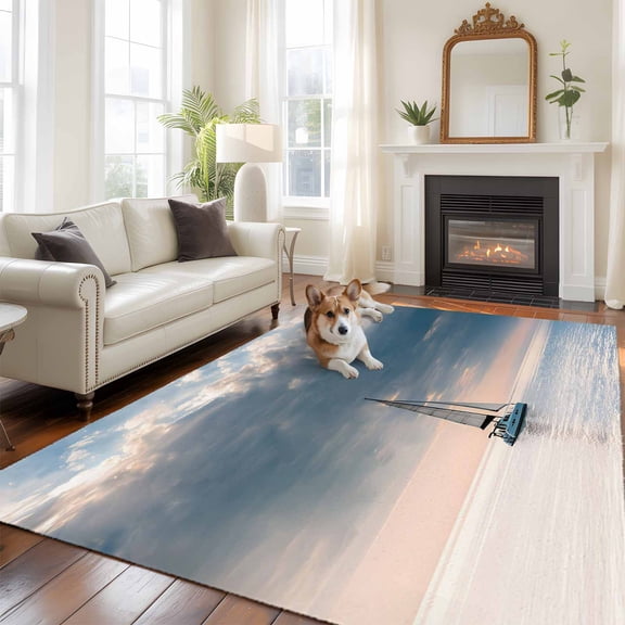 Summer Ocean Large Area Rugs 5x8 ft Blue Sea Sky Dark Cloud Nautical Sailboat Seascape Washable Rug Non Slip Indoor Carpet Absorbent Floor Mat for Living Room Bedroom Dining Room