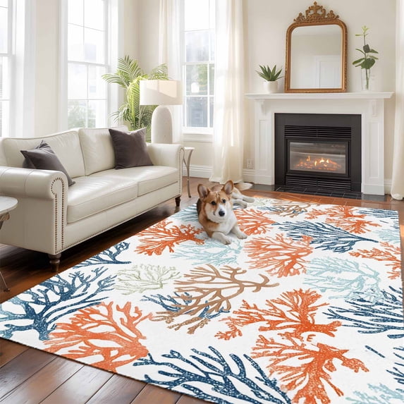 Summer Ocean Large Area Rugs 8x10 ft Orange Teal Blue Coral Coastal Nautical Washable Rug Non Slip Indoor Carpet Absorbent Floor Mat for Living Room Bedroom Dining Room