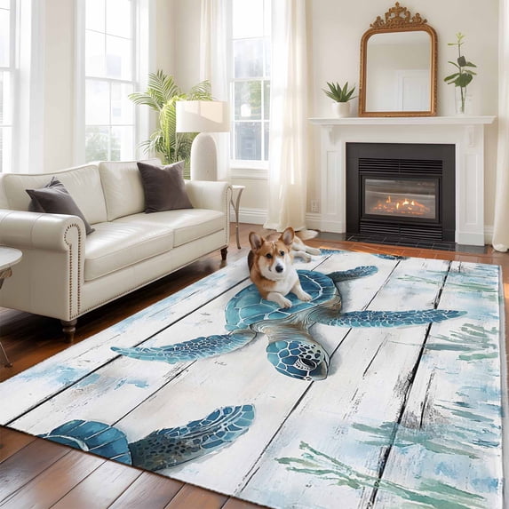 Summer Ocean Large Area Rugs 8x10 ft Retro Turtle Seagrass Wood Texture Washable Rug Non Slip Indoor Carpet Absorbent Floor Mat for Living Room Bedroom Dining Room