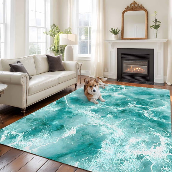 Summer Ocean Large Area Rugs 8x10 ft Watercolor Gradient Color Water Ripple Wave Seascape Washable Rug Non Slip Indoor Carpet Absorbent Floor Mat for Living Room Bedroom Dining Room