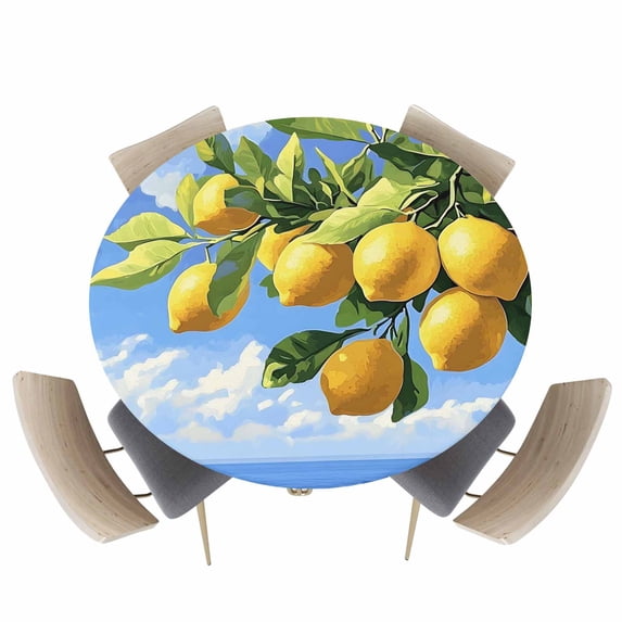 Summer Ocean Lemon Fruit Tree Fitted Round Tablecloths Elastic Edged Table Covers 55"-60",Blue Sky Sea Surface Landscape Waterproof Dining Room Kitchen Table Cloth for Holiday Party Tables Decor