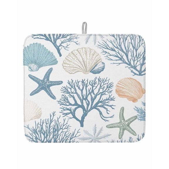 Summer Ocean Life Dish Drying Mat 16x18 inch Marine Starfish Coral Line Art Super Absorbent Microfiber Dish Drying Pad for Kitchen Countertops Sink Dish Drainer Racks Coffee Bar Mats 1 Pack