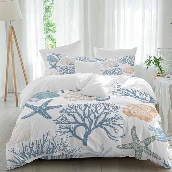 Summer Ocean Life Duvet Cover Set Queen Size Marine Starfish Coral Line Art Soft Lightweight Comforter Covers 4 Piece Bedding Set with 1 Duvet Cover 1 Bed Sheet & 2 Pillow Shams