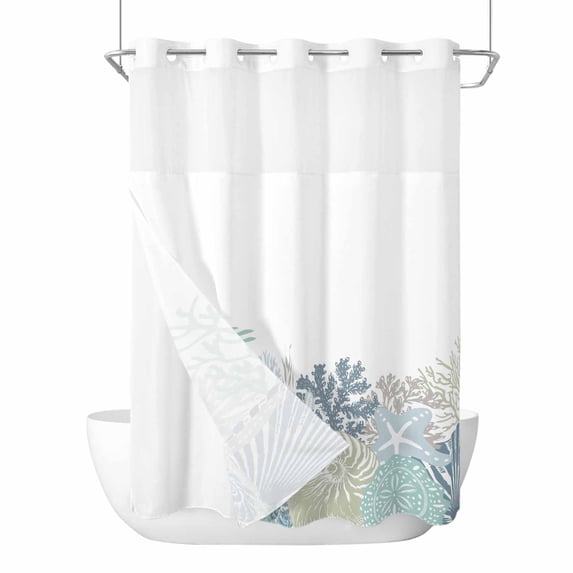 Summer Ocean Life No Hook Shower Curtain with Snap in Liner, Waterproof Fabric Shower Curtains, Marine Coastal Corals Starfish Conch Shower Curtain Set Top See Through for Bathroom 60"x72"