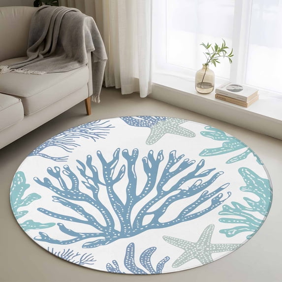 Summer Ocean Life Round Rugs for Living Room 4ft Marine Starfish Coral Lines Simple Art Non Slip Circle Rug Washable Low-Profile Indoor Carpet for Bedroom, Dining Room, Bathroom