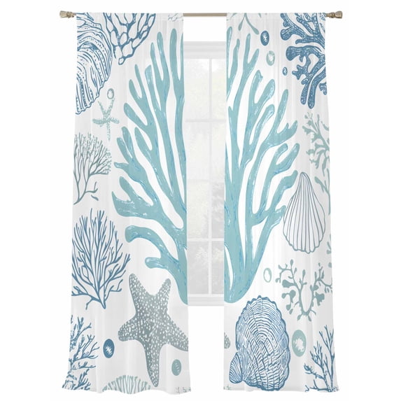 Summer Ocean Life Sheer Curtains 108 Inch Long 2 Panels, Marine Coral Starfish Lines Art Light Filtering Rod Pocket Curtains, Sheer Voile Drapes for Living Room Bedroom, 52"x108"