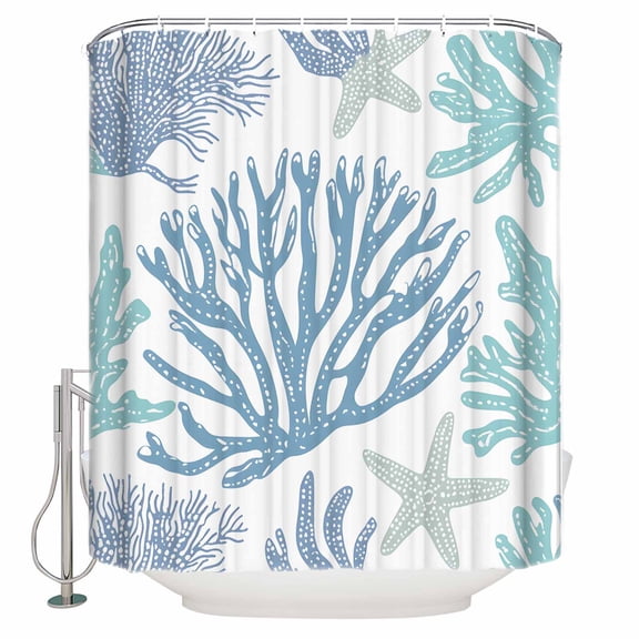 Summer Ocean Life Shower Curtain, 36" x 72", Marine Starfish Coral Lines Simple Art Waterproof Bathroom Curtain Washable Shower Curtain Set with 12 Hooks