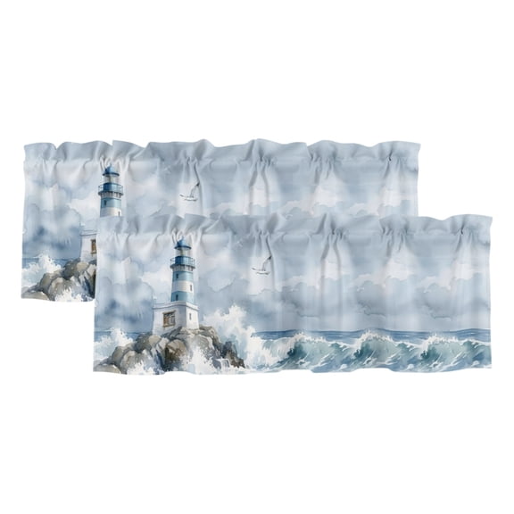 Summer Ocean Lighthouse 2 Panels Kitchen Valance, Nautical Coastal Sea Waves Island Seagull Curtains Valances for Small Windows Rod Pocket Window Treatments for Living Room Bedroom 42"W x 12"L