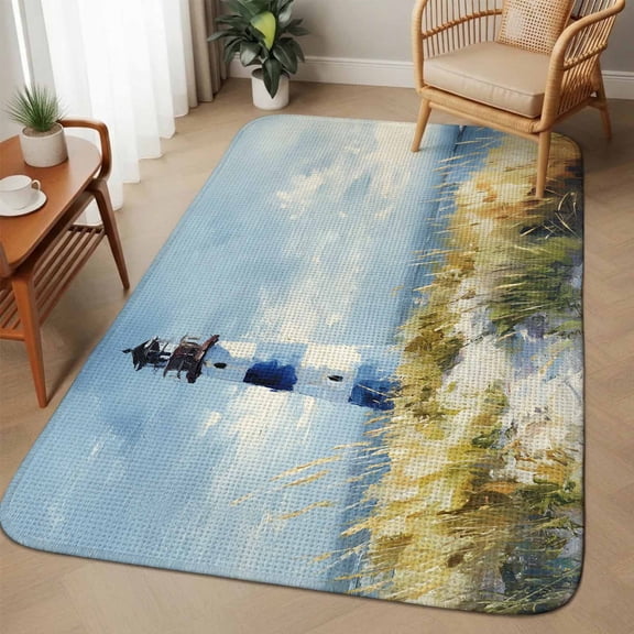 Summer Ocean Lighthouse Area Rugs for Living Room 5x6, Nautical Sea Green Grassland Oil Painting Style Washable Area Rug with Non Slip Backing, Stain Resist Carpet for Bedroom, Dining Room, Entrance