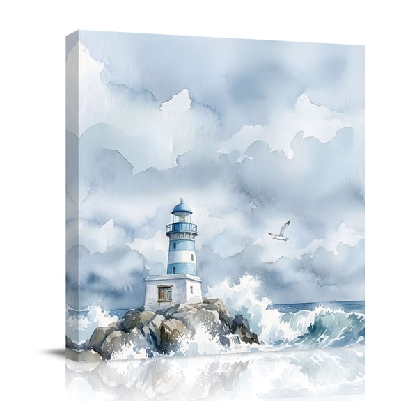 Summer Ocean Lighthouse Canvas Wall Art for Living Room, Nautical Coastal Sea Waves Island Seagull Poster Print Painting for Bedroom Office Home Decoration Wall Pictures Prepare To Hang 8"x8"
