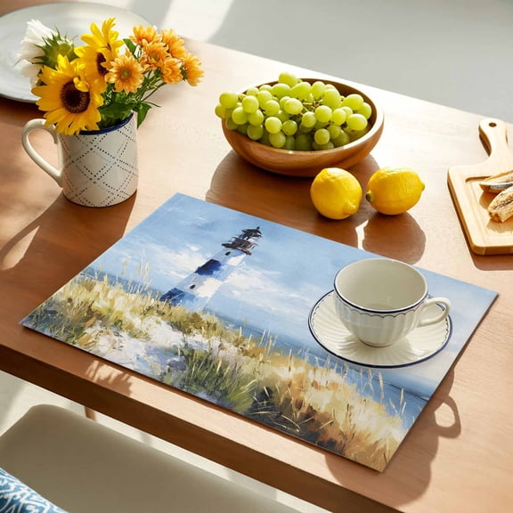 Summer Ocean Lighthouse Placemats Set of 1, Nautical Sea Green Grassland Oil Painting Style Non-Slip Place Mats Washable Table Mats for Kitchen Dining Table Decorations Indoor/Outdoor