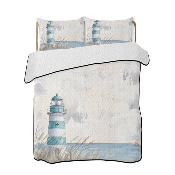 Summer Ocean Lighthouse Quilts Bedding Set California King Retro Nautical Sea Grassland Oil Painting Style Lightweight Quilted Bedspread 3 Piece Bed Quilt with 2 Pillow Shams for Bedroom 96" x 106"