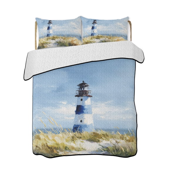 Summer Ocean Lighthouse Quilts Bedding Set Queen Size Nautical Sea Green Grassland Oil Painting Style Lightweight Quilted Bedspread 3 Piece Bed Quilt with 2 Pillow Shams for Bedroom 78" x 90"