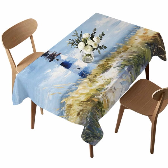 Summer Ocean Lighthouse Rectangle Tablecloth Nautical Sea Green Grassland Oil Painting Style Waterproof Wrinkle Free Soft Table Cloth Spill-Proof Washable Table Cover for Dining Picnic 52 x 70 Inch