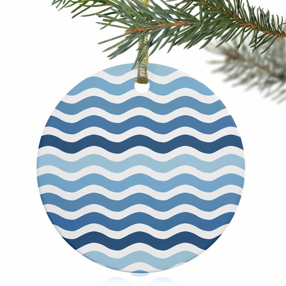 Summer Ocean Navy Blue Gradient Ripple Christmas Ceramic Ornament 2025,3" Round Xmas Tree Hanging Accessories with Gold Ribbon