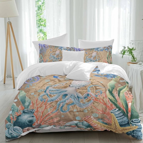 Summer Ocean OctopFull Size Comforter Set, Nautical Colorful Sea Fish Coral Starfish Compass Bedding for All Seasons, 4 Pcs Bed Set, 1Quiltcover (86"x86") ,1Sheet(80"x116"), 2Pillowcases (30"x20")