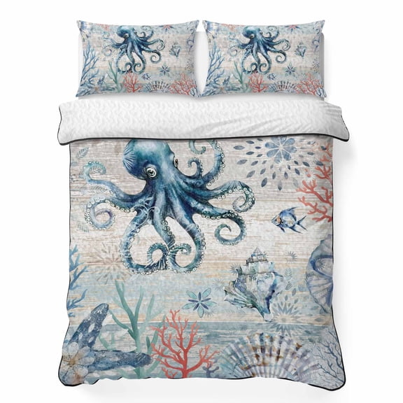 Summer Ocean Octopus 3 Piece Quilt Bedding Set with 2 Pillow Shams, Coral Shell Lightweight Bedspread Coverlet, Soft Breathable All Season Quilt, 68 x 98 Inch
