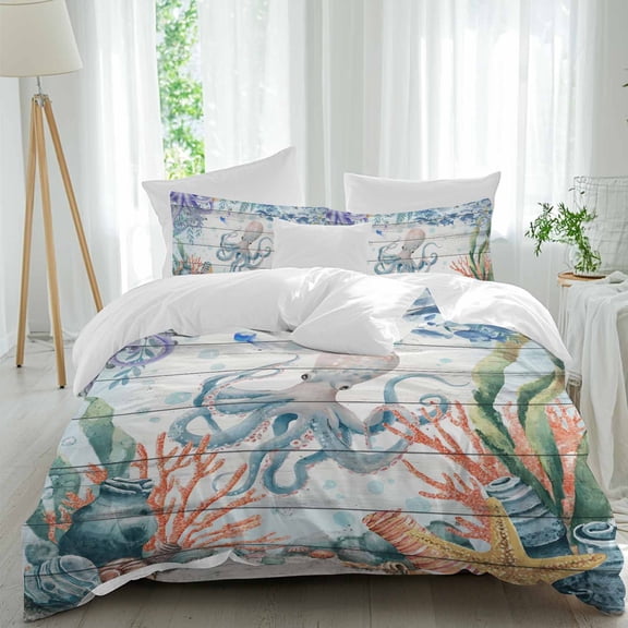 Summer Ocean Octopus Full Size Comforter Set, Nautical Colorful Sea Fish Coral Starfish Wood Bedding for All Seasons, 4 Pcs Bed Set, 1Quiltcover (86"x86") ,1Sheet(80"x116"), 2Pillowcases (30"x20")