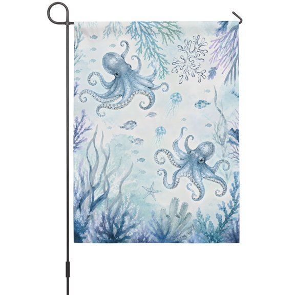 Summer Ocean Octopus House Flags For Outdoor, Coastal Nautical Blue Fish Coral Seaweed Jellyfish Small Double Side Yard Flags Weather Proof House Decor for Lawn Outside Holiday 28 x 40 Inches