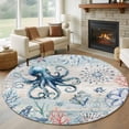 thumbnail image 1 of Summer Ocean Octopus Round Living Room Rugs 8 ft, Coral Shell Washable Large Area Rug with Non-Slip Sturdy Edge Binding Round Carpet for Dining Room Kitchen Office, 1 of 9