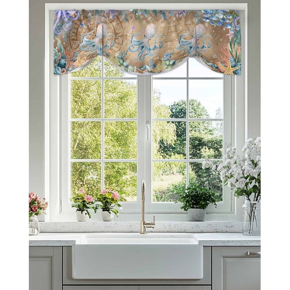 Summer Ocean Octopus Tie Up Valances Curtain, Adjustable Kitchen Nautical Colorful Sea Fish Coral Starfish Compass Valances for Windows Decor, Rod Pocket Short Curtains for Bedroom/Bathroom 42"x12"