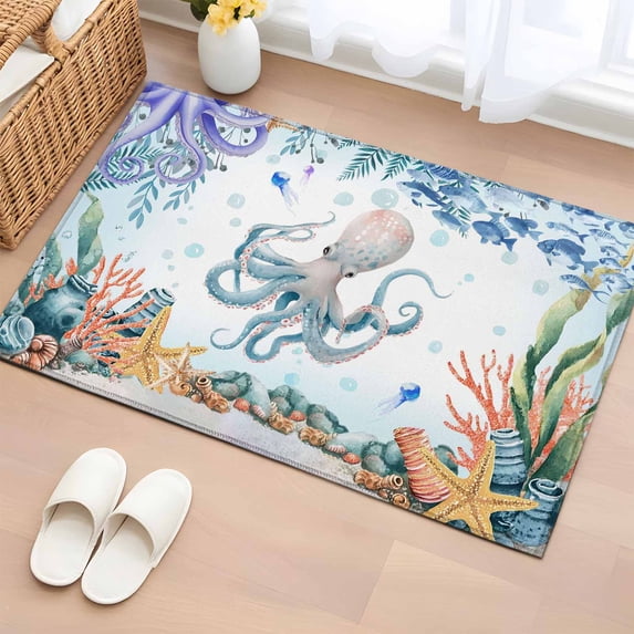 Summer Ocean Octopus Washable Small Entryway Area Rugs 2'x3', Nautical Colorful Sea Fish Coral Starfish Seashell Low Pile Throw Rug Non-Slip Sturdy Edge Binding Carpet for Front Door Floor Room Entry