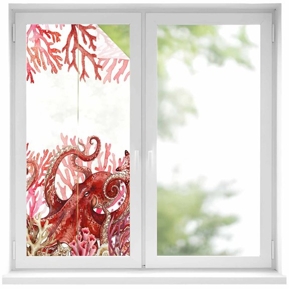 Summer Ocean Octopus Window Privacy Film, Nautical Watercolor Red Sea Coral Starfish Frosted Glass Window Clings Static Cling UV Heat Blocking Reusable Door Sticker for Bathroom 19.6 x 39.3 Inch