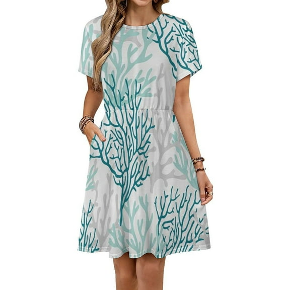 Summer Ocean Ombre Blue Coral Dress Fashion Beach Short Sleeve Dresses Female Party Printed Sundress